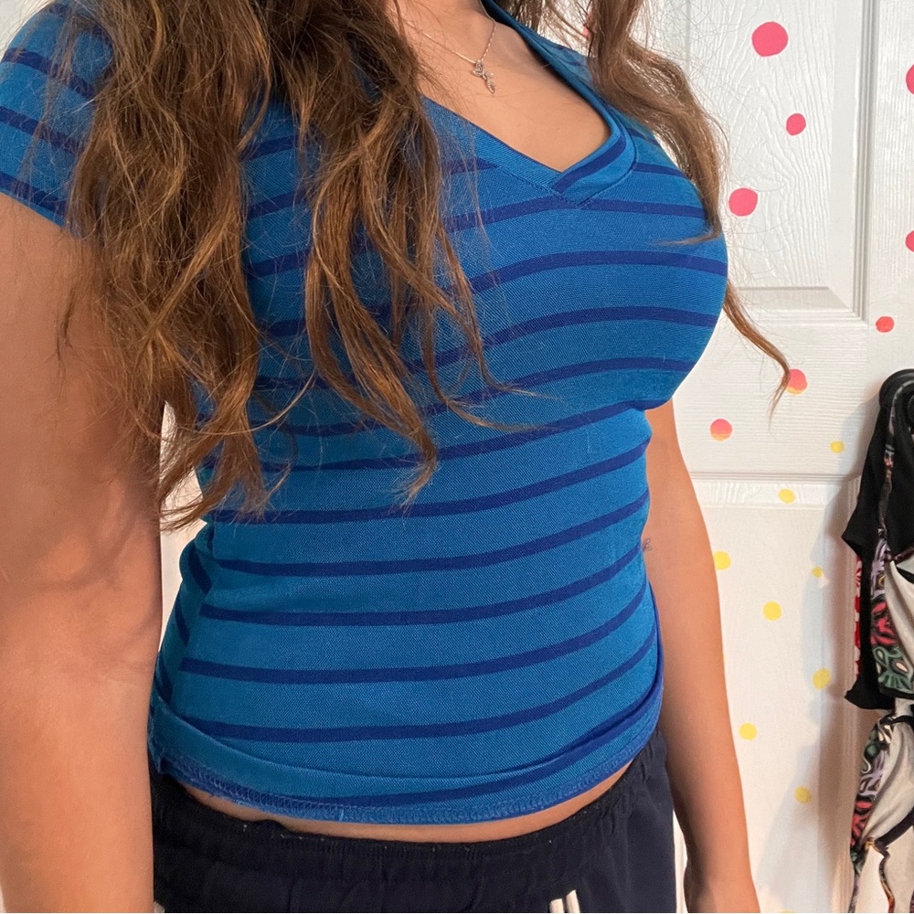 Xhilaration Blue Striped V-Neck Tee